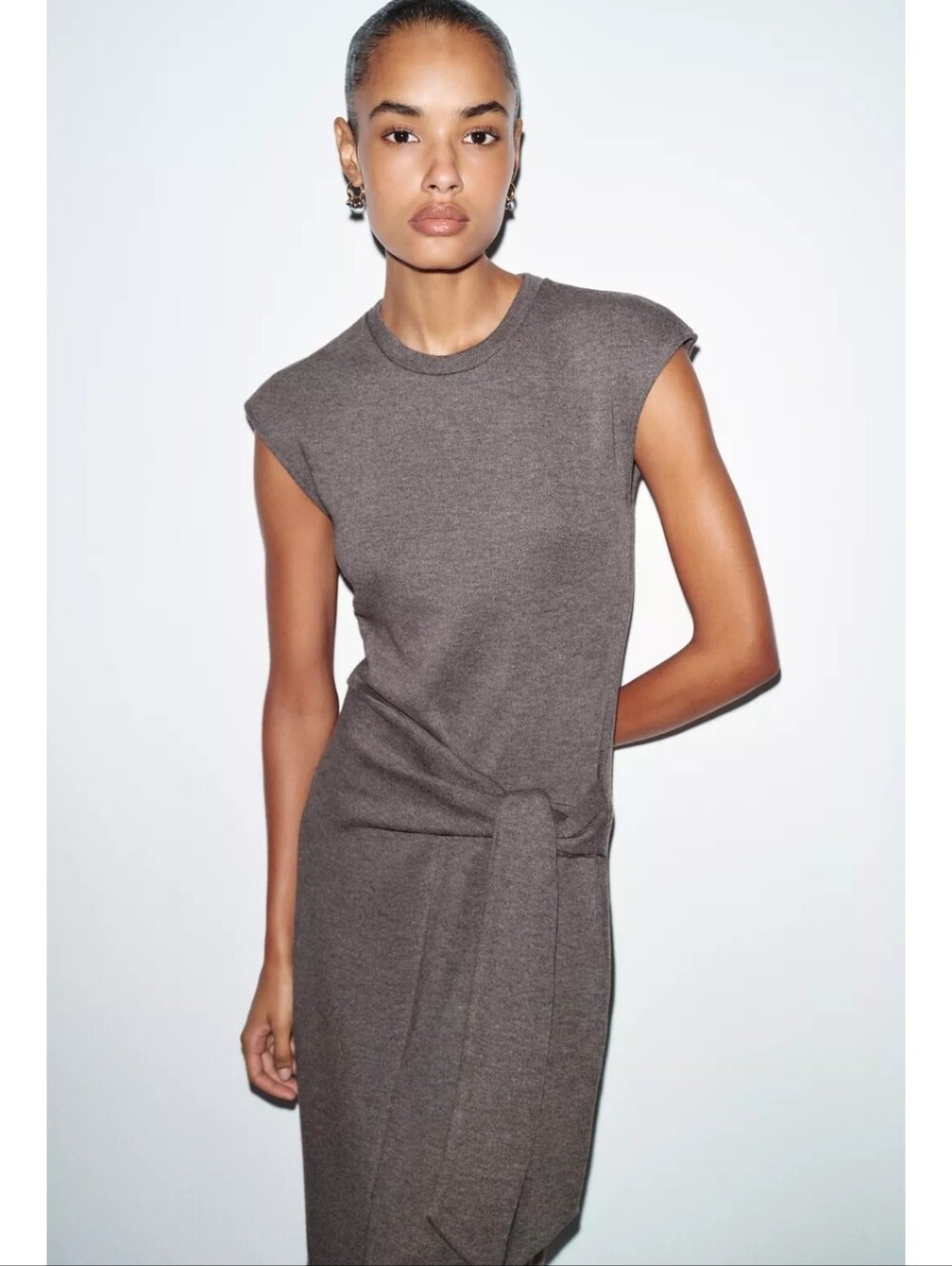 Zara Sleeveless Tie-Waist Knit Dress - Taupe Brown